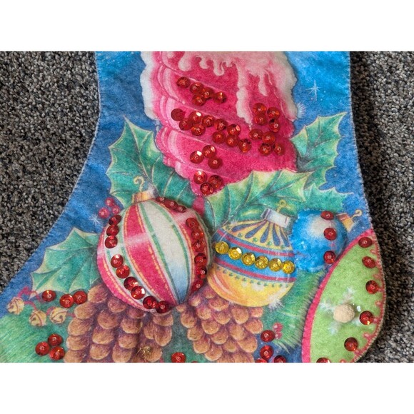 Vintage Puffy Felt Sequin Hand Made Christmas Stocking Candle Ornament 18.5"L - Picture 4 of 6